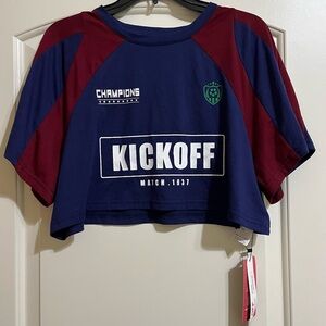 NWT ROMWE Women’s Navy Blue Maroon Champions Kickoff Crop Tee Shirt M